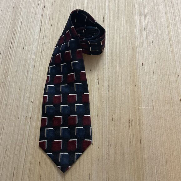 Pierre Cardin Mens Maroon Navy Silver Squares Geometric Designer Silk Tie - Picture 1 of 2